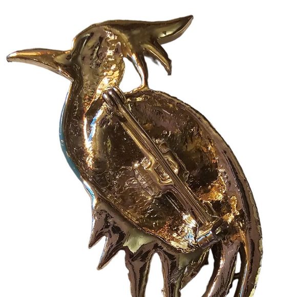 Vintage Blue Peach Enamel & Rhinestone Tall BIRD Brooch Pin - Picture 6 of 6